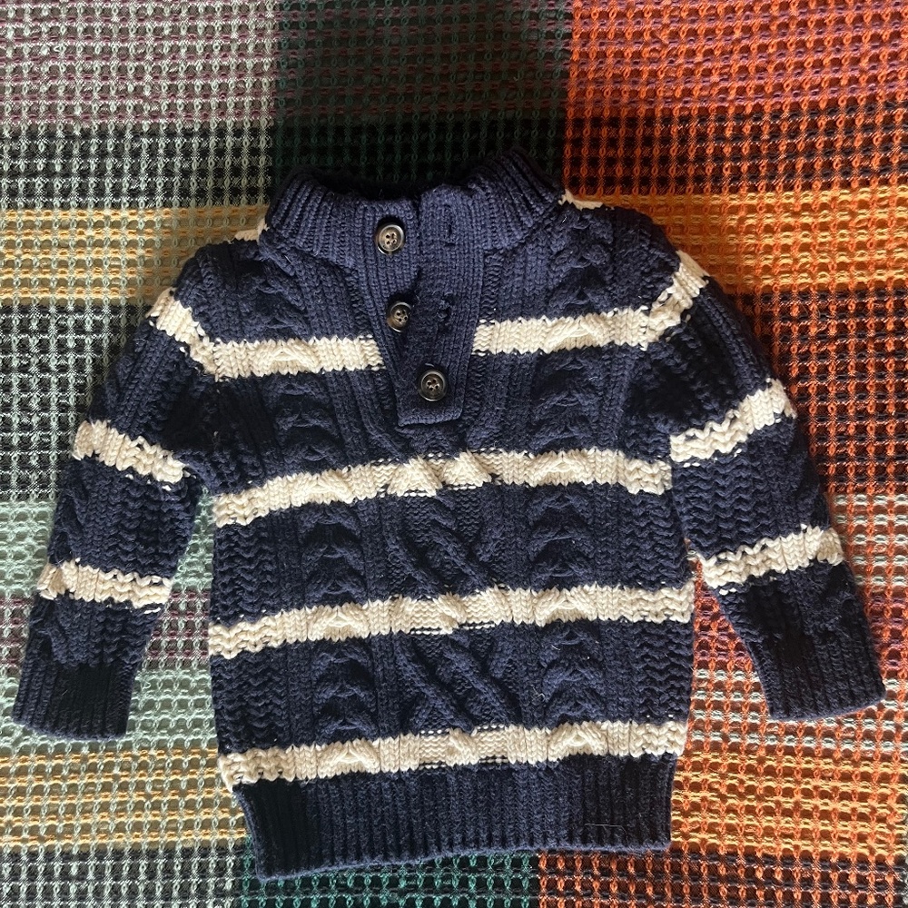 Gap Baby Cable Knit Blue & White Stripe Sweater with fleece collar 12 -18 months